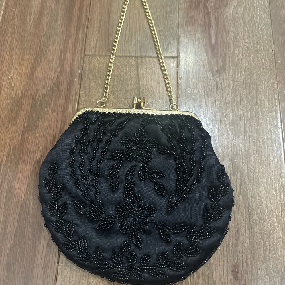 Black Beaded Evening Bag with Gold Chain
